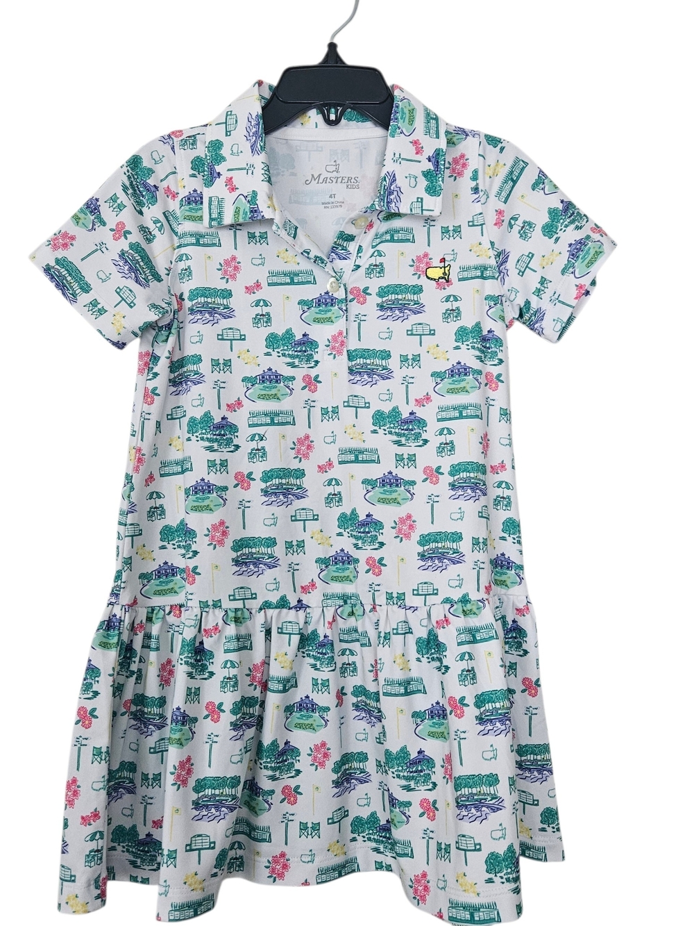 Masters Girls White Polo Dress with Green, Pink & Blue Print Size 4T
